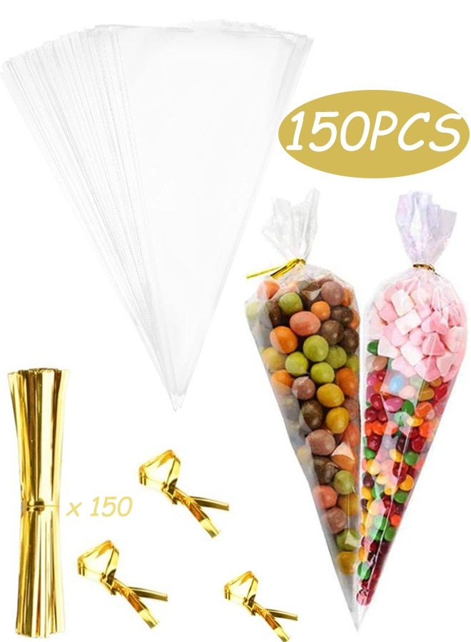 150 Pcs 7x14.6 Inch Cone Cellophane Treat Bags with Gold Twist Ties Clear Snack Wrapping Bags for Birthday Party Candy Popcorn Snack Wraps DIY Handmade Gifts Eid Celebrations - Image 1
